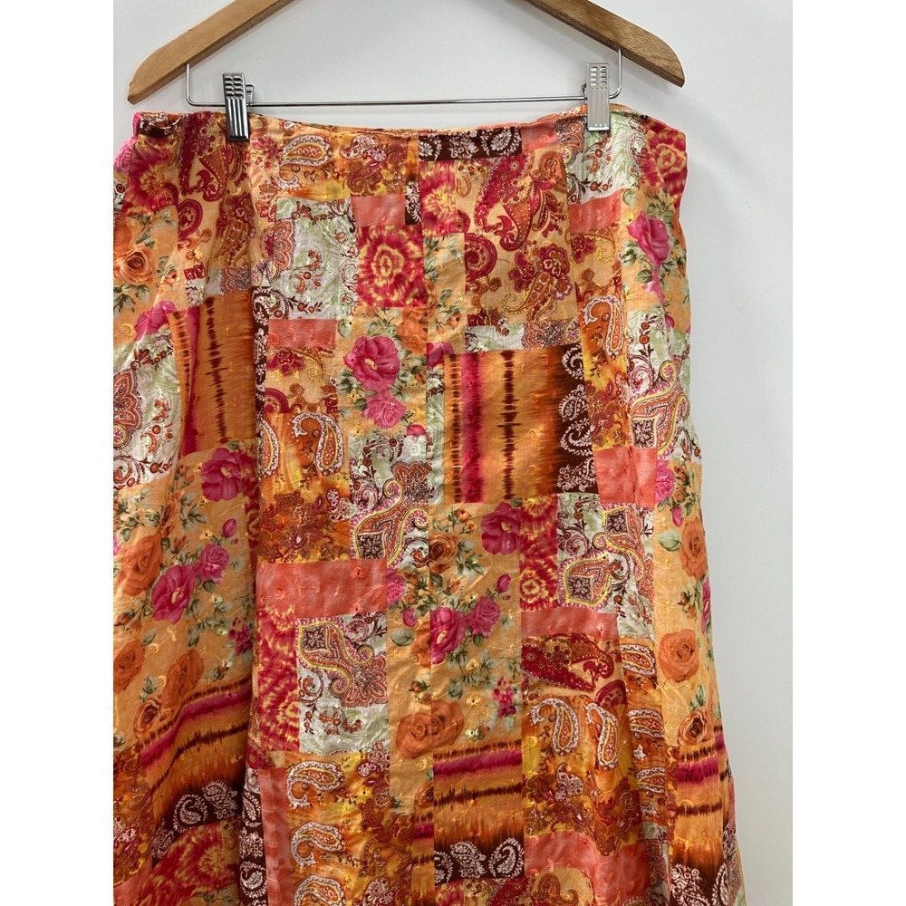 CJ Banks Orange Paisley Floral Patchwork Embroidered Midi Skirt Boho Plus Sz 16W - Picture 9 of 12